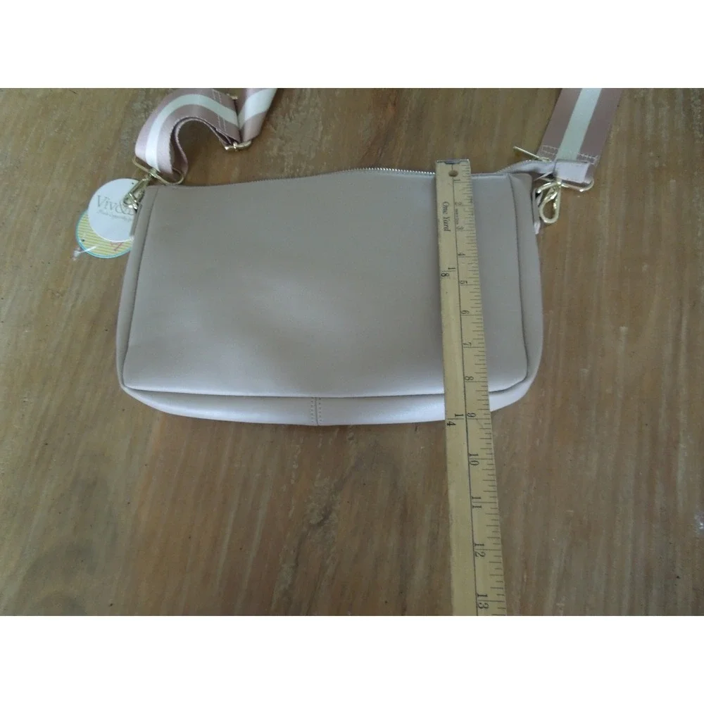 Womens Vegan Leather Crossbody Bag Beige Taupe Striped Strap New